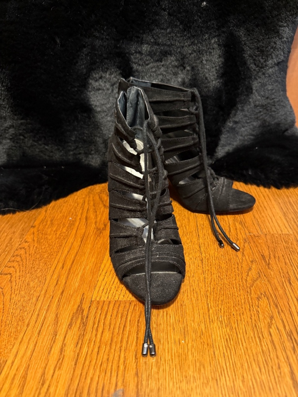 BCBG black gladiator style suede heels